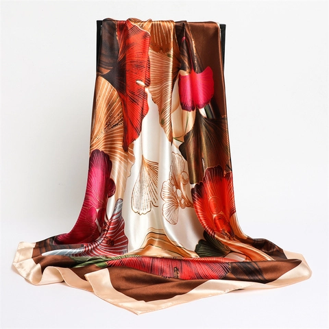 Fashion Ginkgo Leaf Print Satin Square Scarf Elegant Glossy Satin Like Shawl Sun Protection Headscarf For Women