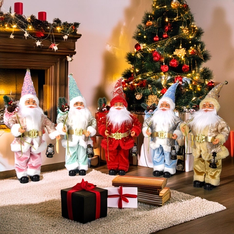 Figura De Papá Noel Decoración De Navidad Muñeco De Pie Sombrero Lentejuelas Traje Terciopelo Con Linterna Bolsa Regalo