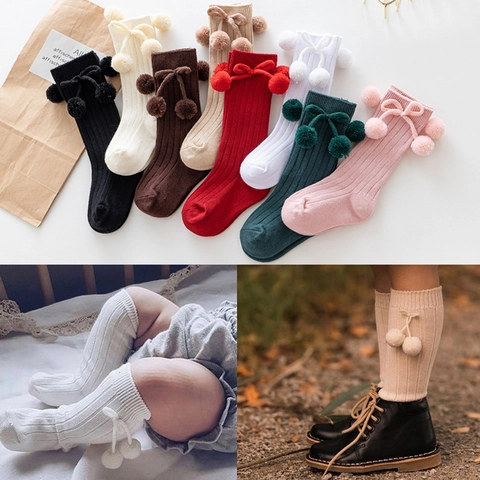 Calze Al Ginocchio Neonato Cotone Maglia A Coste Con Fiocco E Pompon Calzettoni Bambini Stile Spagnolo