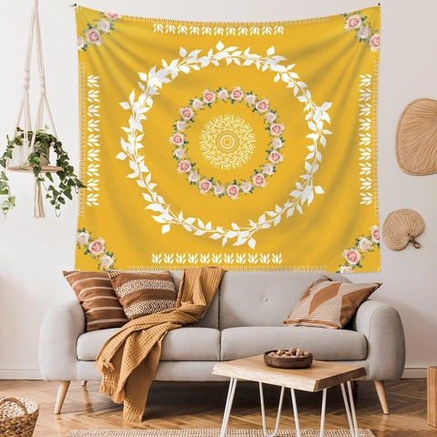 Arazzo Mandala Fiore Giallo Da Parete Poliestere Floreale Rosa Modello Boemo Decorazione Della Casa Sfondo