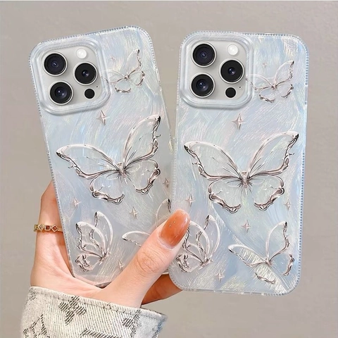 Silver 3D Butterfly Phone Case Holographic Iridescent TPU Shockproof Cover Dreamy Starburst Pattern For Women
