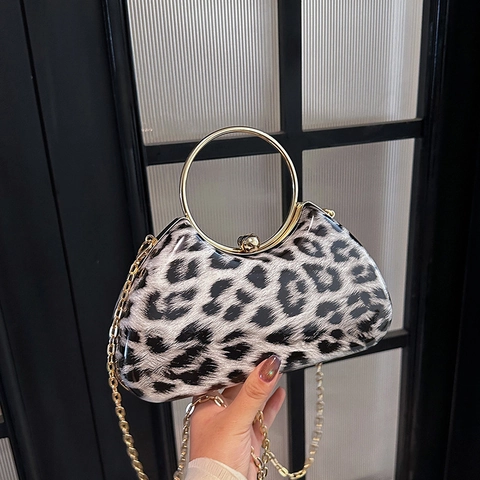Luipaardprint Avondtas Dames Harde Schaal Clutch Met Gouden Metalen Handvat En Ketting Schoudertas Mode Feest