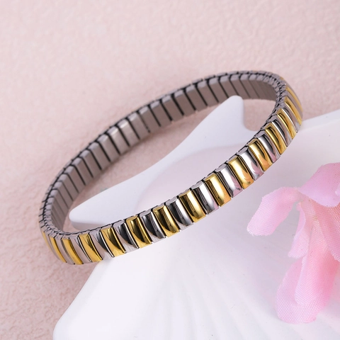 Stainless Steel Elastic Bracelet Two-Tone Gold Silver Stretchable Watch Band Style Geometric Jewelry For Women