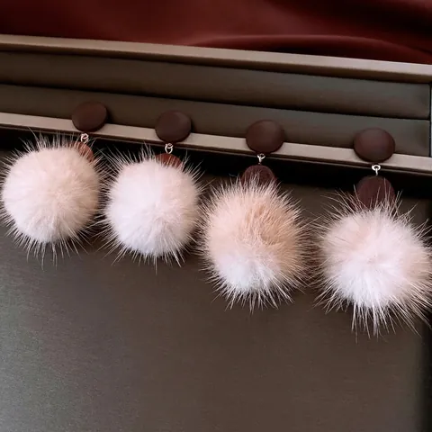 Geometric Wood Plush Fur Ball Drop Earrings With 925 Sterling Silver Earring Post Vintage Autumn Winter Jewelry For Women