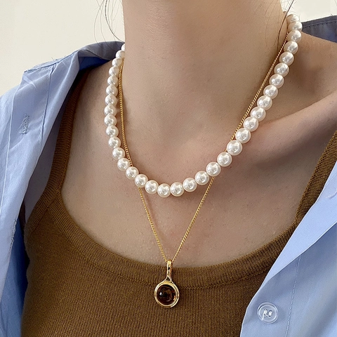Vintage Gold Plated Layered Necklace Smoky Quartz Freshwater Pearl Pendant Clavicle Chain Jewelry For Women Elegant