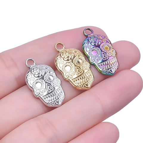 Collana Con Ciondolo Teschio Messicano In Acciaio Inossidabile Con Rose Intagliate Gioielli Gothic Punk