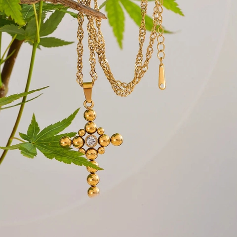 Collier Pendentif Croix En Perles Acier Inoxydable Rétro Avec Incrustation De Zircon Blanc Bijoux Vintage Homme Femme
