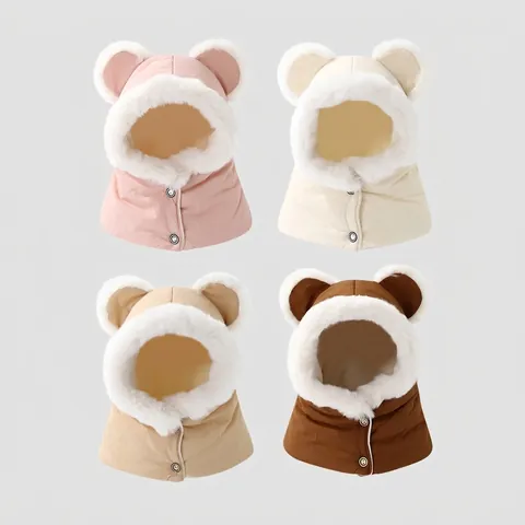 Kids Winter Balaclava Integrated Hat Scarf Bear Ears Plush Lined Windproof Thickened Warm Outdoor Earflap Hooded Cap