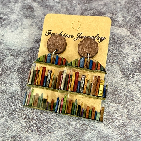 Creative Bookshelf Acrylic Earrings For Women Retro Wood Library Pattern Drop Dangle Jewelry For Teachers Book Lovers
