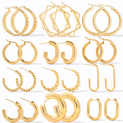 Geometric Stainless Steel Hoop Earrings 18K Gold Plated Minimalist C-Shape Twisted Design Jewelry For Women
