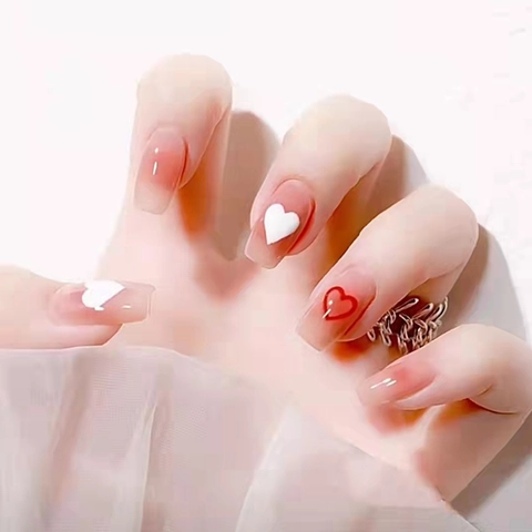 Press On Nails Heart Pattern Gradient Pink Blush Style Medium Square Round Shape Removable False Nails For Women
