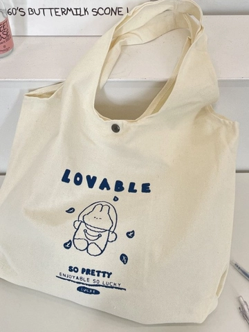 Women Canvas Tote Bag Large Capacity Handbag Cartoon Bunny Printed Casual School Shopping Bag With Snap Button