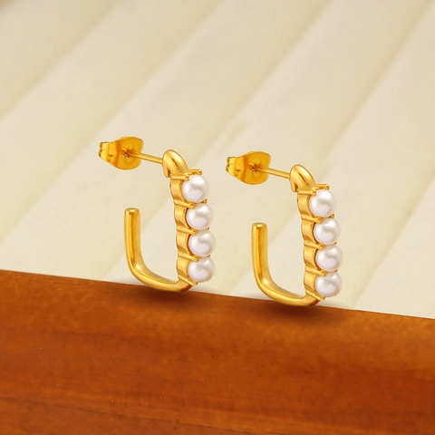 U-Shaped Hoop Earrings Gold Plated Stainless Steel With White Artificial Pearls Elegant French Style Jewelry Women