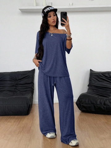Women Casual Off Shoulder Slant Neck Short Sleeve Top And Wide Leg Drawstring Pants Knit Loungewear