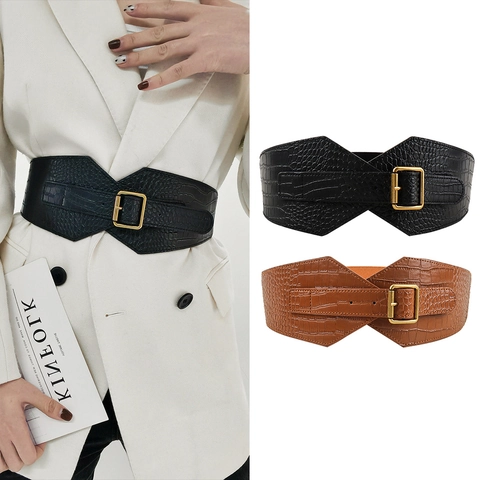 Ceinture Large Corset Femme Motif Crocodile Cuir PU Élastique Boucle Ardillon Alliage Or Rétro Accessoire Robe