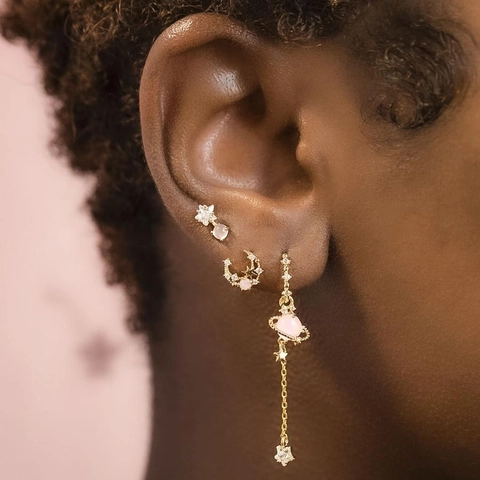Orecchini A Lobo Stella Luna Pianeta Zircone Rosa Ottone Placcato Oro 18K Con Perno In Argento Sterling 925 Gioielli Celesti Donna