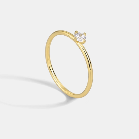 Bague Solitaire Minimaliste Pour Femmes Cuivre Plaqué Or Zircone Cubique Sertissage Quatre Griffes Bijoux Élégants