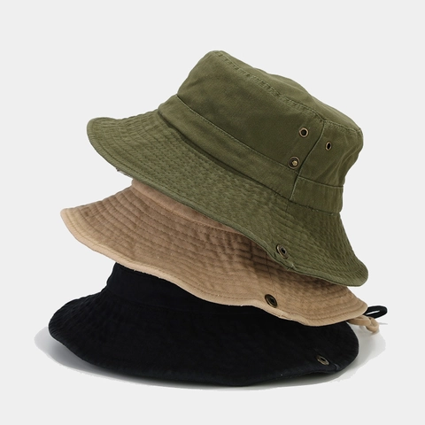 Washed Cotton Wide Brim Bucket Hat With Adjustable Chin Strap Breathable Vintage Outdoor Sun Protection For Men And Women