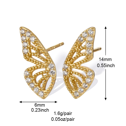 Butterfly Stud Earrings With Earring Post Copper Plated Gold Hollow Zircon Jewelry For Women Elegant Sweet
