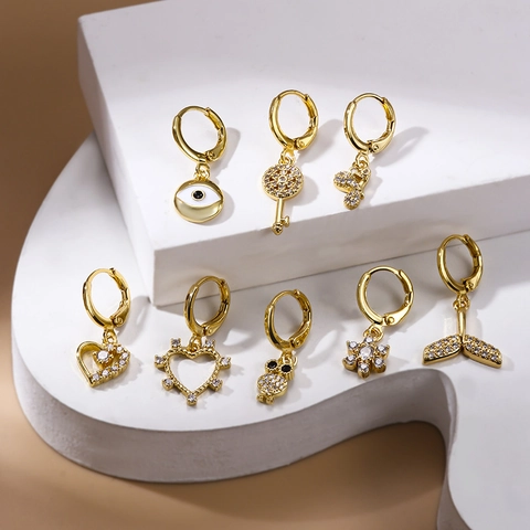 Pendientes Asimétricos Cartílago Cobre Con Circón Formas Corazón Ojo Búho Cola Pez Llave Joyería Piercing Para Mujeres