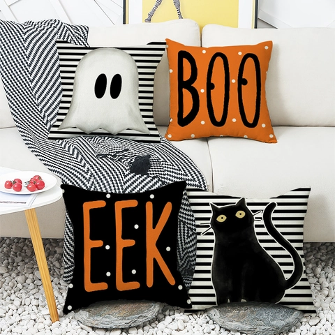 Halloween Kissenbezüge Dekorative Leinen Kissenhüllen Geist Schwarze Katze Muster Für Sofa Couch Wohnzimmer Dekor