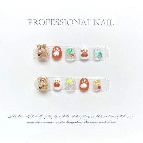 Handgemaakte 3D Cartoon Beer Press On Nagels Voor Kinderen Meisjes Glitter Schattige Japanse Esthetiek