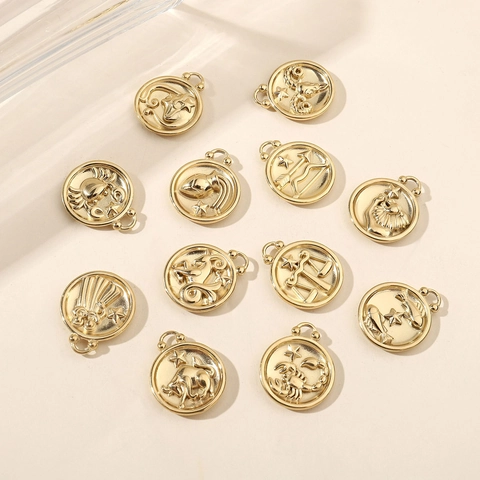 Segni Zodiacali Ciondolo Disco Rotondo Acciaio Inossidabile Strass Placcato Oro 14K Oroscopo Astrologico Accessorio Gioielli DIY