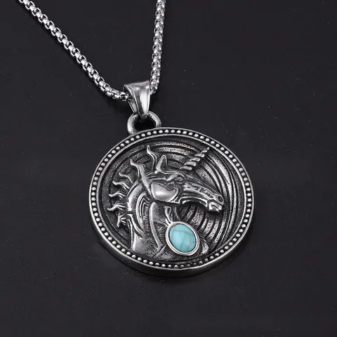 Collana Con Pendente Unicorno A Rilievo Vintage Acciaio Inossidabile Con Turchese Intarsiato Gioielli Stile Hip Hop Punk Medaglia Rotonda