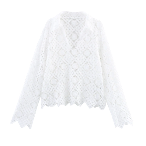 Elegante Camicetta In Pizzo Traforato Da Donna Colletto Polo Uncinetto Geometrico Top A Maniche Lunghe Orlo Ondulato
