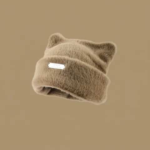 Women Cute Cat Ear Beanie Hat Faux Fur Knitted Warm Winter Skull Cap With Metal Label Trendy Soft Thick Plush