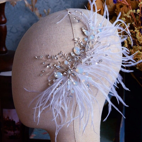 Pinza Para El Pelo De Novia Pluma Blanca Aleación Diamante De Imitación Opalo Perla Tocado Hada Boda Fiesta Mujeres