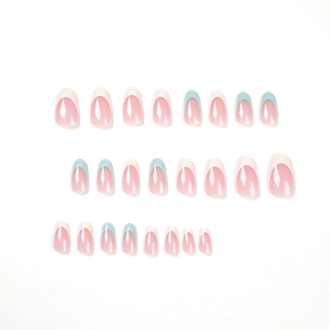 Faux Ongles Style Français Pointes Bleu Blanc Forme Amande Base Rose Nude Manucure Détachable Pour Femmes