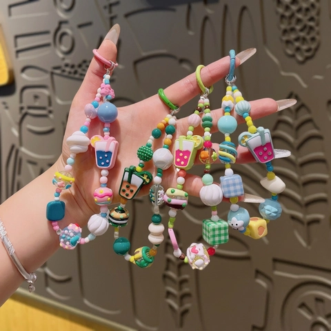 Kawaii Beaded Phone Strap Milk Tea Cup Acrylic Resin Keychain Colorful Bag Charm For Women Cute Handmade
