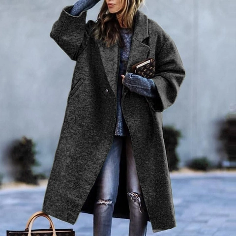 Women Long Woolen Coat Autumn Winter Elegant Lapel Double Breasted Overcoat Loose Fit Solid Color Casual Outerwear