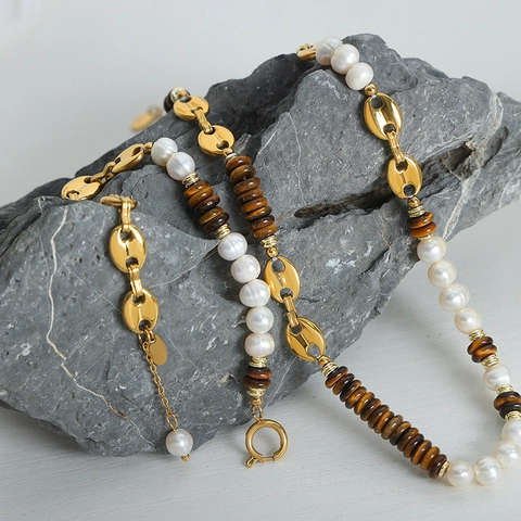 Retro Freshwater Pearl Tiger Eye Titanium Steel Gold Plated Necklace And Bracelet Pig Nose Chain Jewelry Collection