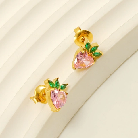 Orecchini A Lobo Fragola Acciaio Inossidabile Placcato Oro 18K Zircone Cuore Rosa Foglia Verde Gioielli Frutta Donna