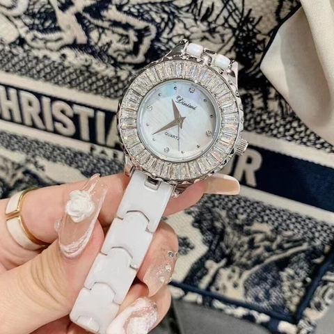 Women's Quartz Watch Elegant White Ceramic Strap Rhinestone Bezel Mother Of Artificial Pearl Dial Waterproof Fashion Luxury Wristwatch