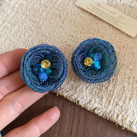 Handmade Woven Flower Stud Earrings With Crystals And 925 Sterling Silver Earring Post Blue Teal Round For Women