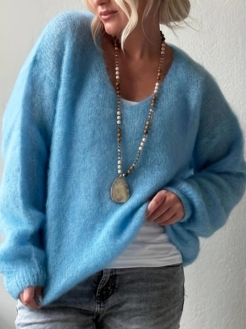 Women V Neck Sweater Soft Fluffy Mohair Like Pullover Loose Long Sleeve Knitwear Streetwear Casual Solid Top