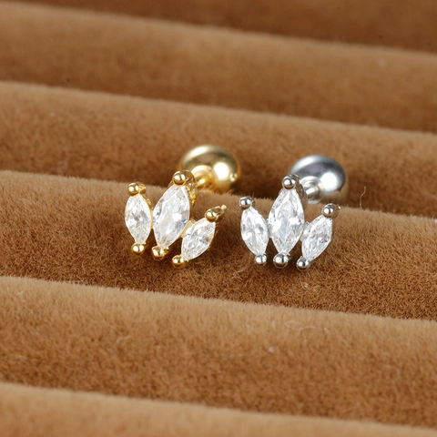 Copper Marquise Rhinestone Stud Earrings For Women Ins Style Geometric Piercing Helix Ear Bone Stud With Screw Ball Back