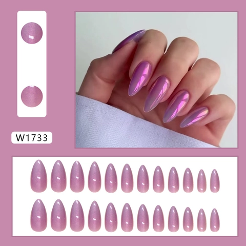Purple Cat Eye Press On Nails Long Almond Shape Magnetic Holographic Shimmer Gradient ABS Plastic Artificial Finger Tips
