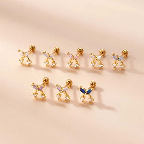 Mini Bow Zircon Inlay Piercing Stud Earrings With Stainless Steel Screw Back Rod For Ear Cartilage Korean Fashion