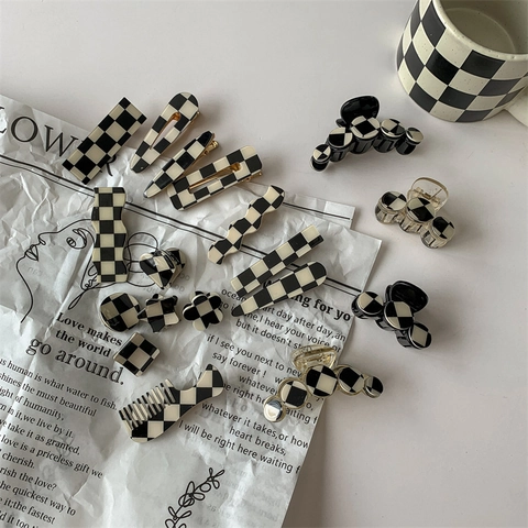 Checkerboard Hair Clips Black White Acrylic Resin Hair Claws Duckbill Clips Retro Versatile Hair Accessories For Women