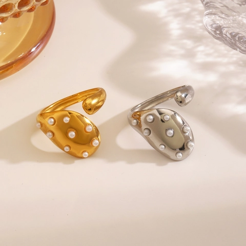 Anillo De Acero Inoxidable Con Perlas Artificiales Metal Líquido Irregular Geométrico Ajustable Abierto Moda Retro Joyería Mujer