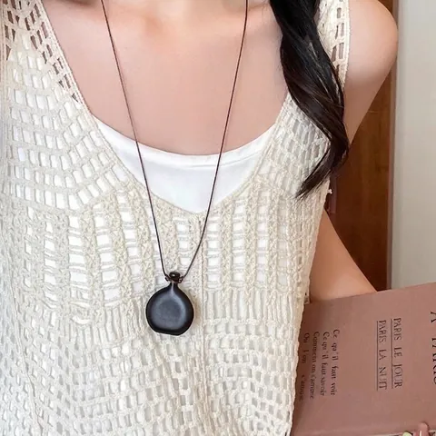 Collier Pendentif Géométrique Vintage Résine Bois Longue Chaîne De Pull Style Ethnique Bijoux Pour Femmes