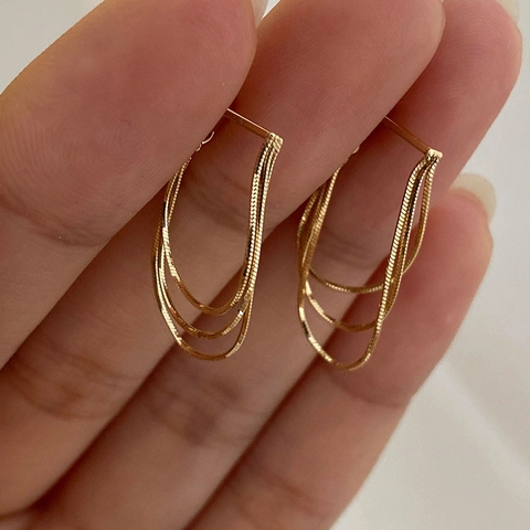 Triple Layer Snake Chain Tassel Stud Earrings With Silver Earring Post Gold Plated Geometric Elegant Jewelry For Women