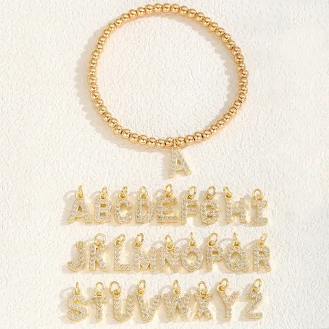 Bracciale Elastico da Donna in Grani d'Oro con Pendente Iniziale dell'Alfabeto in Zirconia Pavé Gioiello Regalo