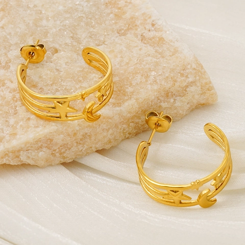 Geometric Hoop Earrings Stainless Steel 18K Gold Plated Star Moon Hollow Design Fashion Accessories For Women
