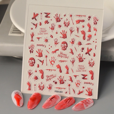 Halloween Nail Stickers 5D Embossed Bloody Blood Handprint Skull Horror Theme Self Adhesive Waterproof Decals Manicure