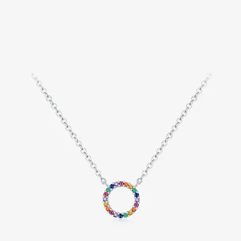 925 Sterling Silver Necklace With Round Rainbow Zircon Pendant Colorful Sparkling Gemstone Jewelry For Women